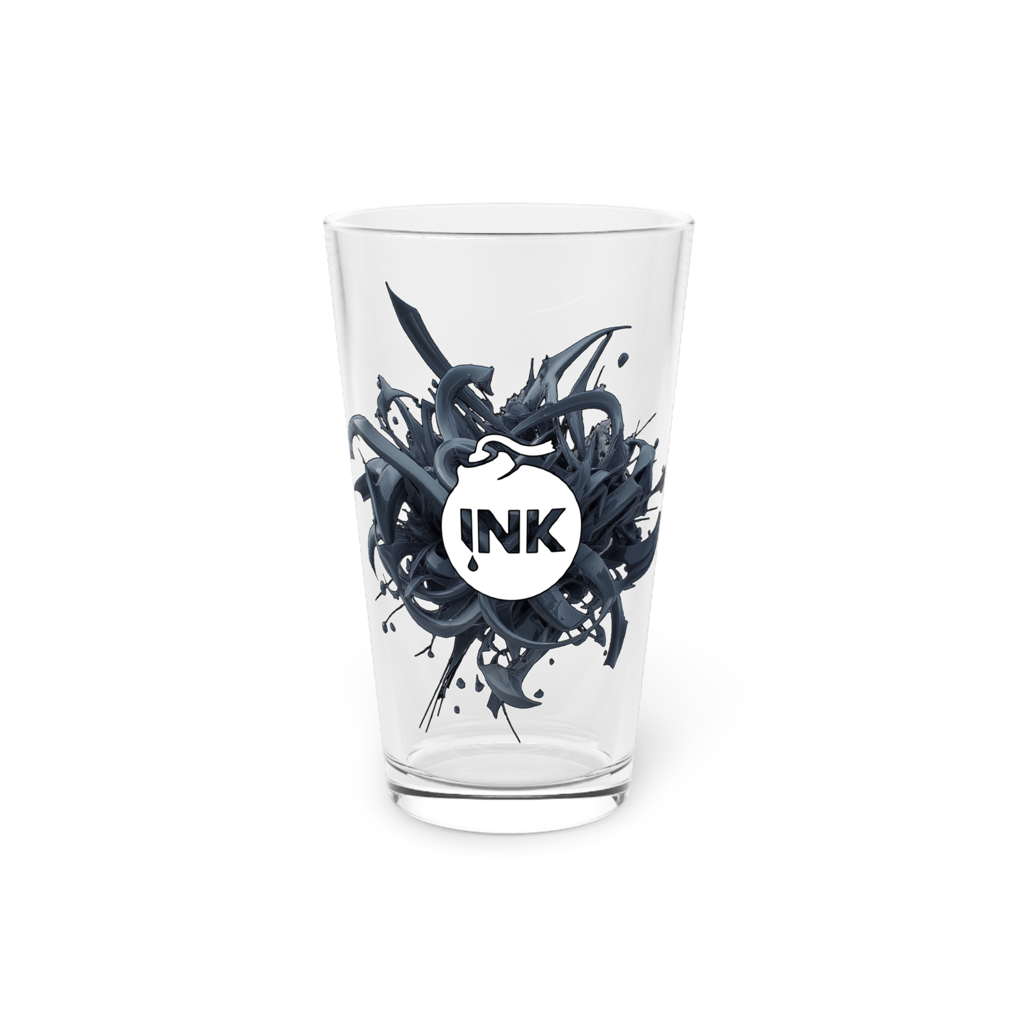 Product photography of the InkBomb Ink Splat 3D 16oz Pint Glass on a white background