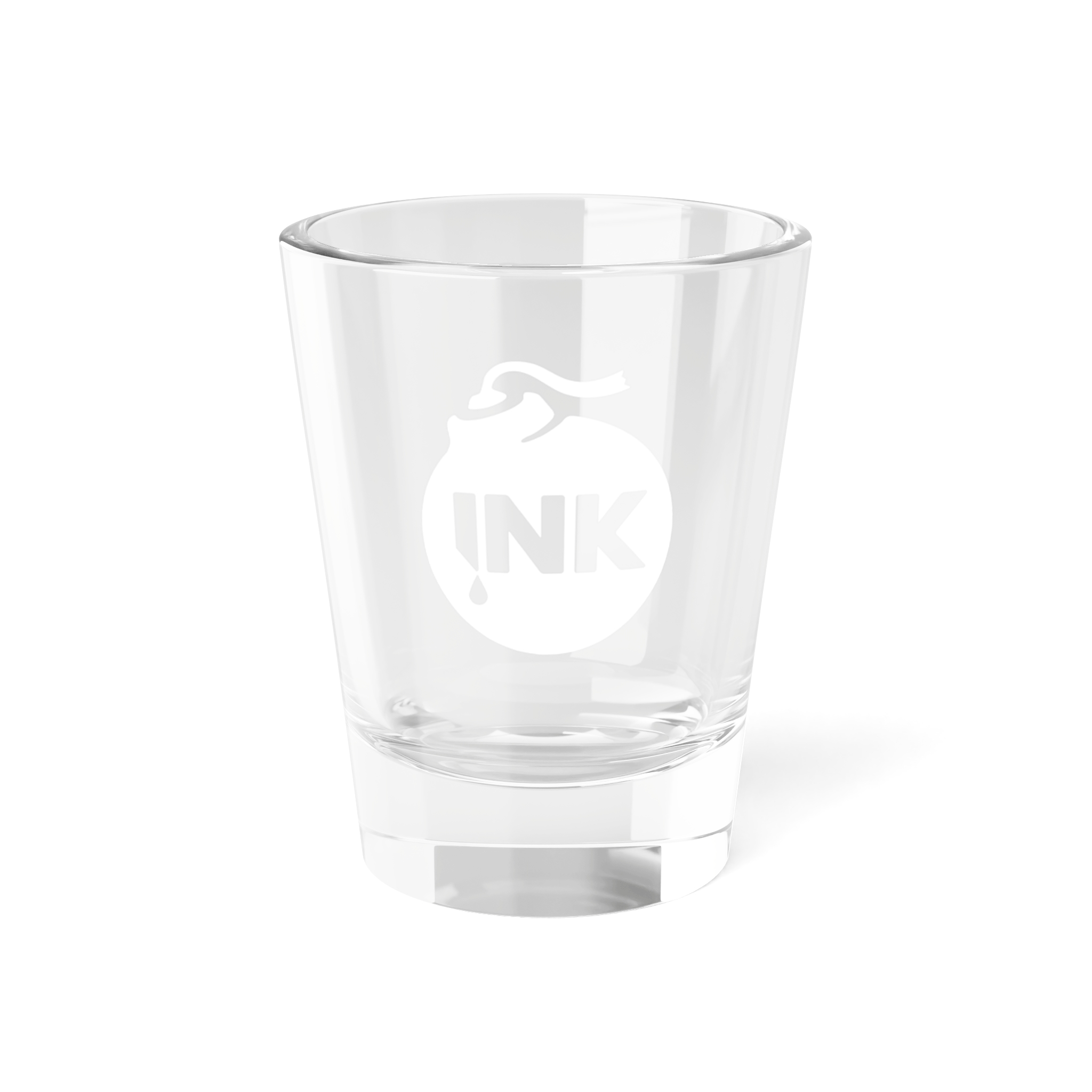 Product photography of the InkBomb 1.5oz Shot Glass on a white background