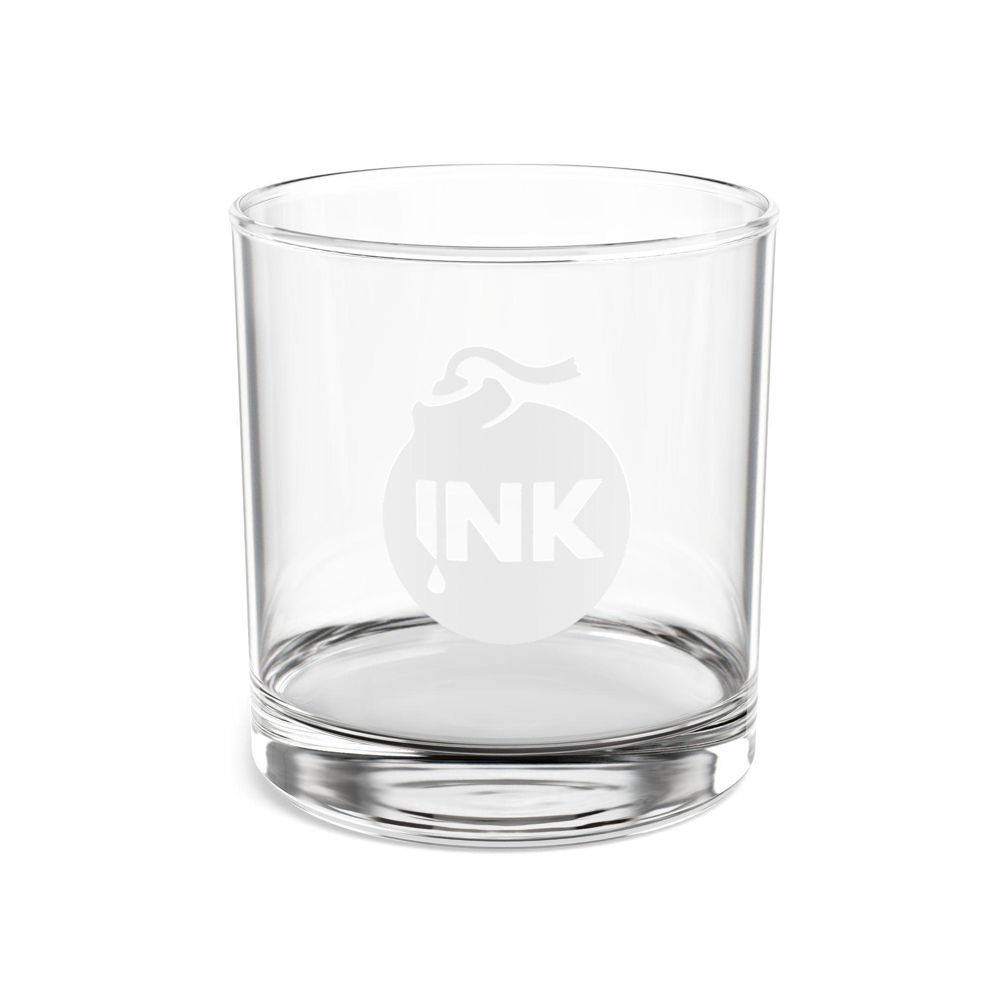 Product photography of the InkBomb Engraved Rocks Glass on a white background