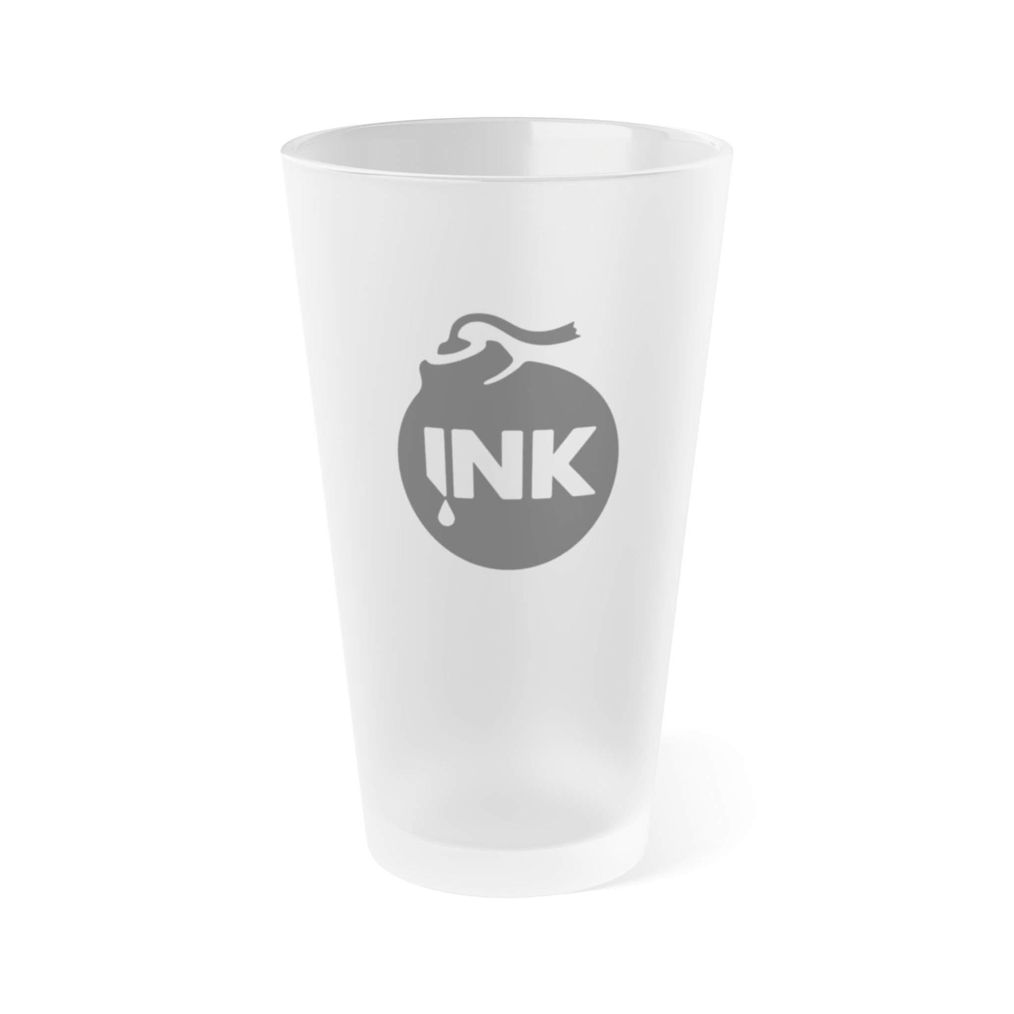 Product photography of the InkBomb Frosted 16oz. Pint Glass on a white background